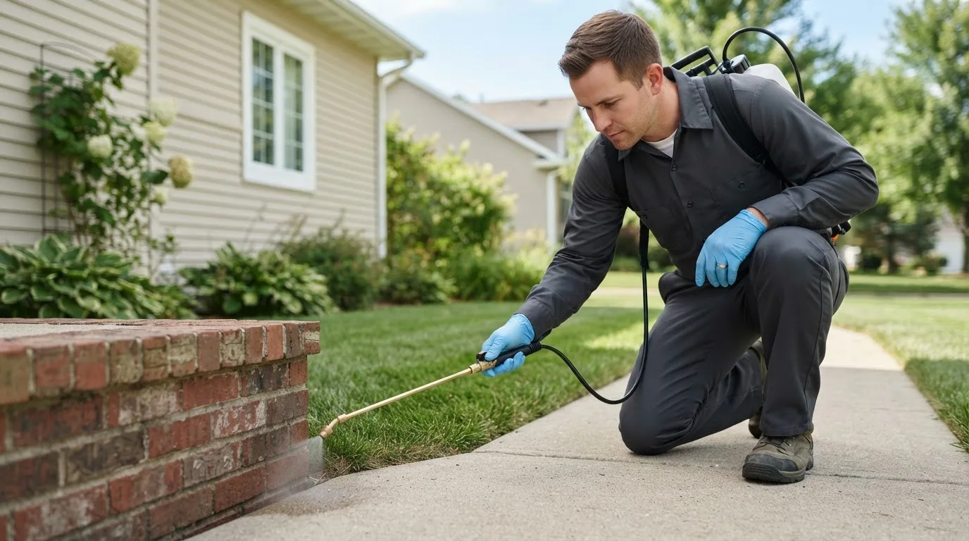 Pest control technician treating a home near Toledo, OH